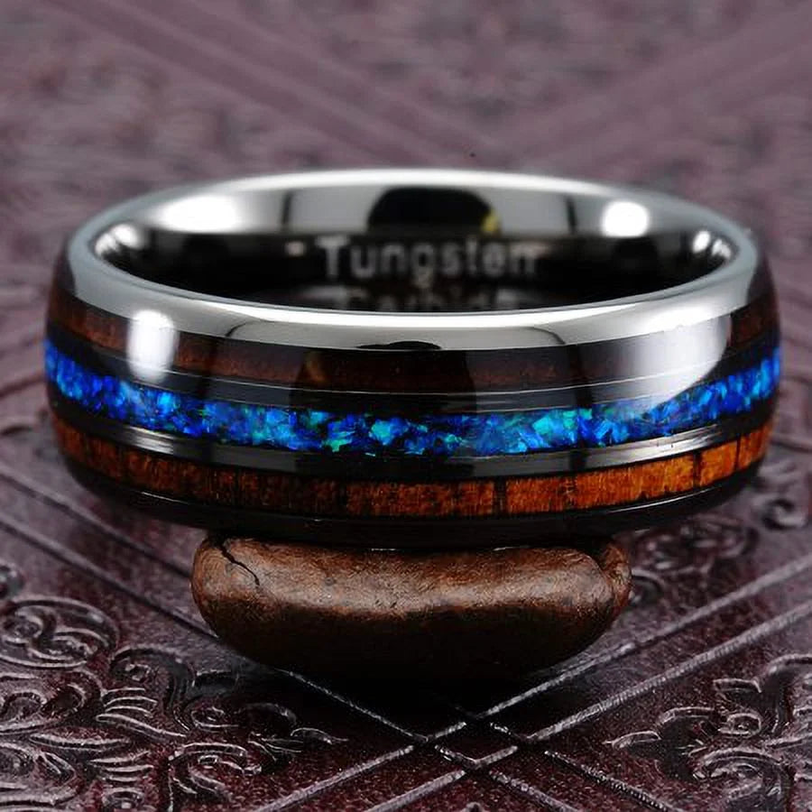 Gunmetal Tungsten Ring for Men Koa Wood Blue Opal Inlaid Wedding Band Promise Size 6-16 (Tungsten, 13.5)